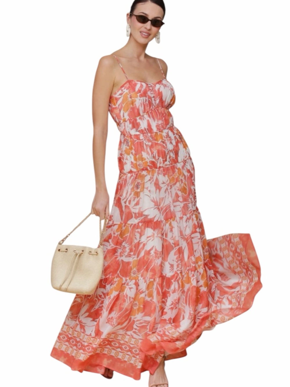 Avec‎ Les Filles Floral Tiered Maxi Dress Coral Peach Sundress size 12 NEW